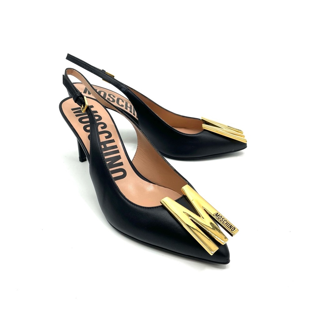 NEW Moschino Couture Black leather Logo slingbacks